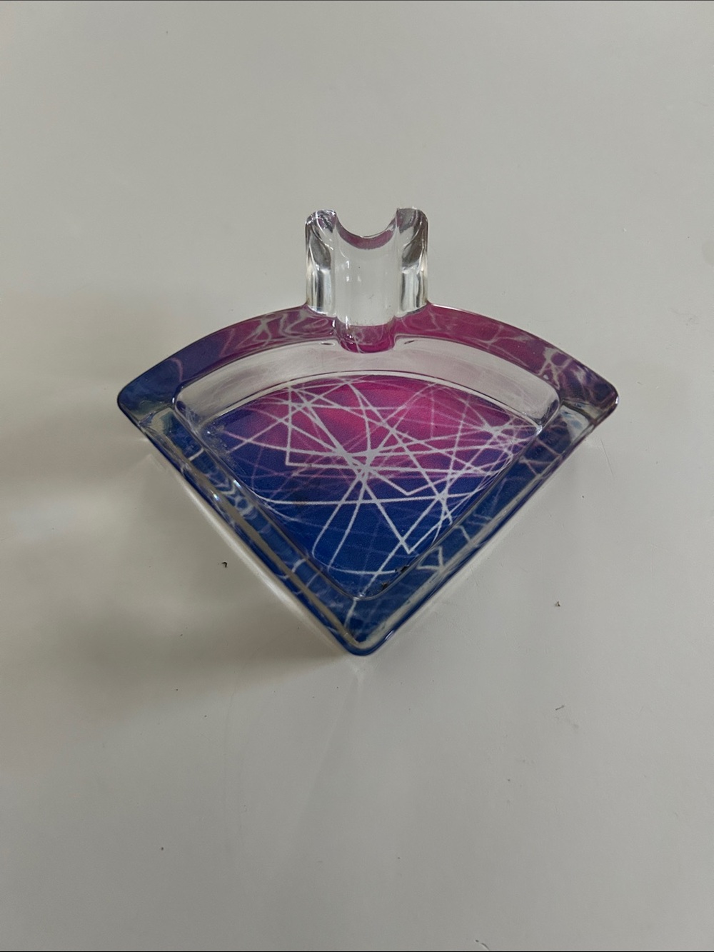 Art deco Glass Fan-Shaped Ashtray in Pink and Blue